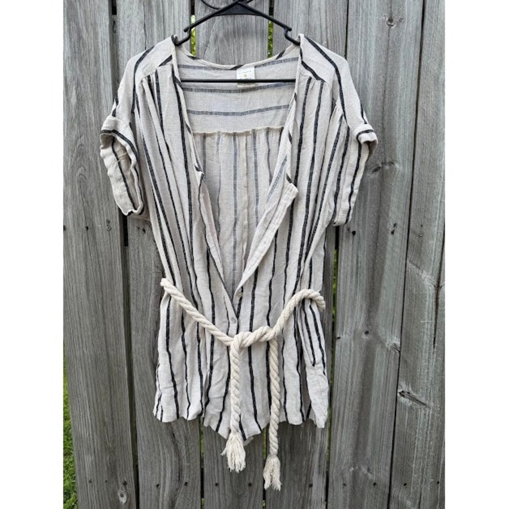 Coastal By Together Romper Womens M/L Cream Striped Rope Belt Nautical Short